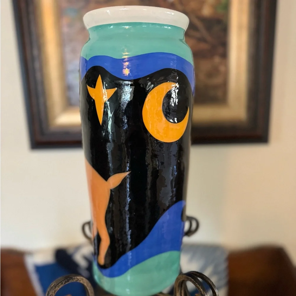 Vintage 15”Tall Signed Celestial Kadisak blue + green Wilderkind glazed vase.